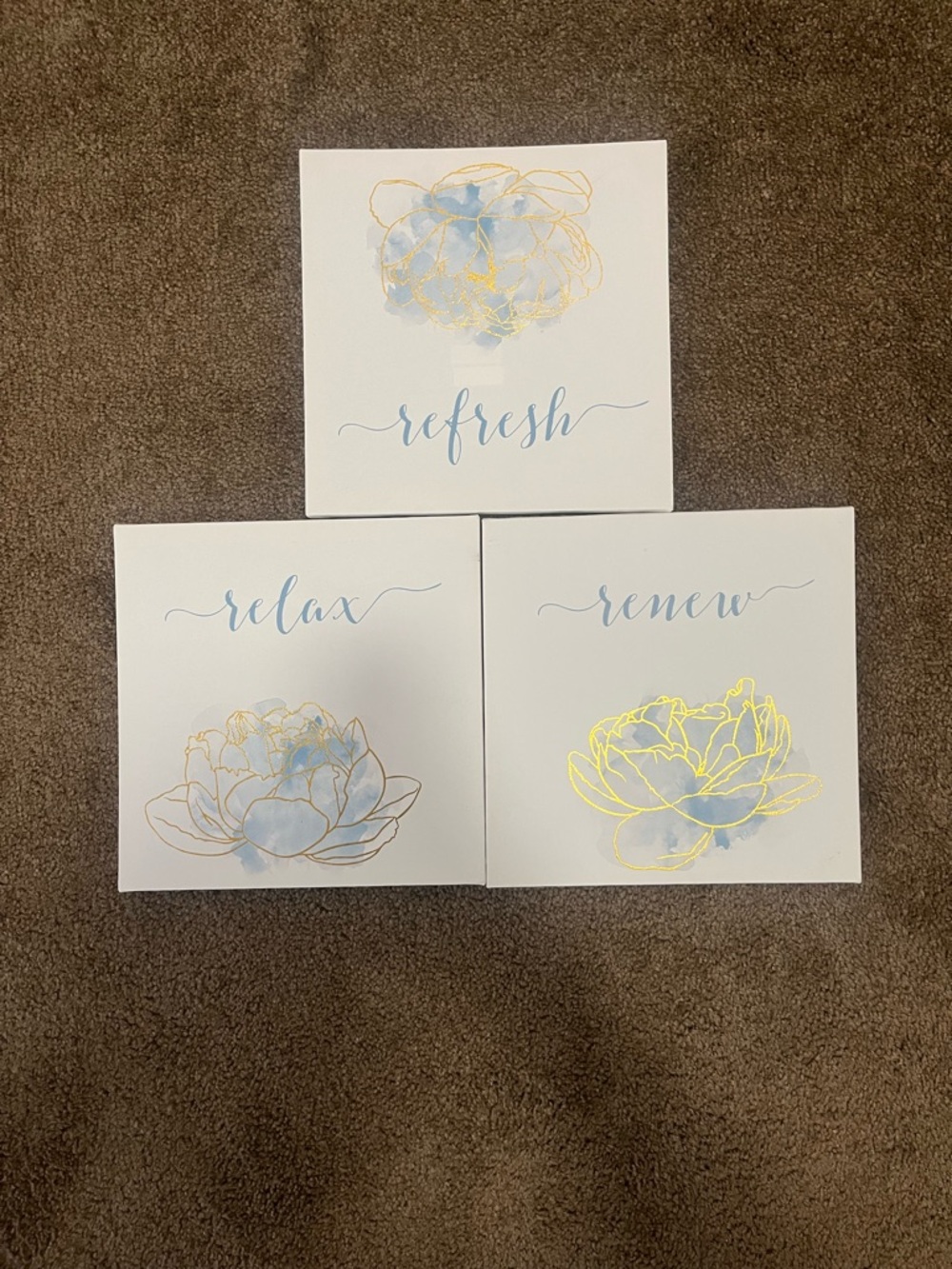 Set of 3 Floral Wall Canvases - "refresh, relax, renew" in Blue & Gold